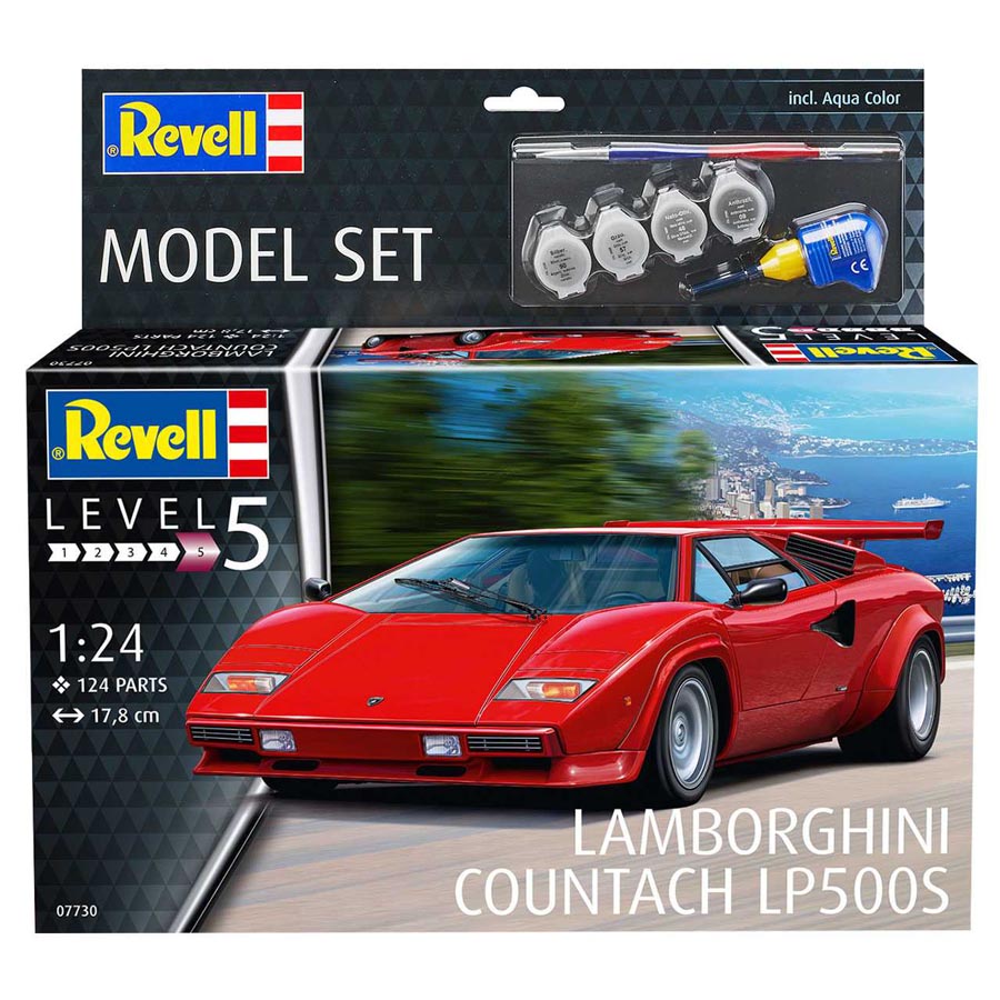 Revell Lamborghini Countach LP500S Model Set auto 1:72, 124 dielov + farby + lepidlo + štetec